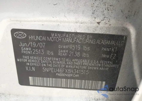 2008 Hyundai Sonata Limited V6/Se V6 из США, поврежденный, VIN 5NPEU46FX8H341515